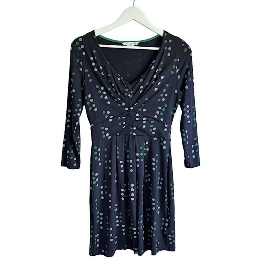 Boden Marion Women’s V Neck Polka Dot 3/4 Sleeve‎ Dress Green Navy Blue Size 6